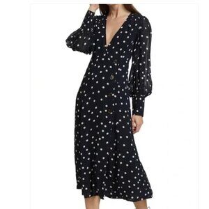 NWT GANNI Georgette Wrap Midi Dress Blue Size 8 Polka Dot